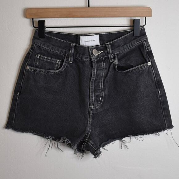 CURRENT/ELLIOTT Denim High Waist Raw Cut Hem Shorts Dark Charcoal Grey - Picture 1 of 7